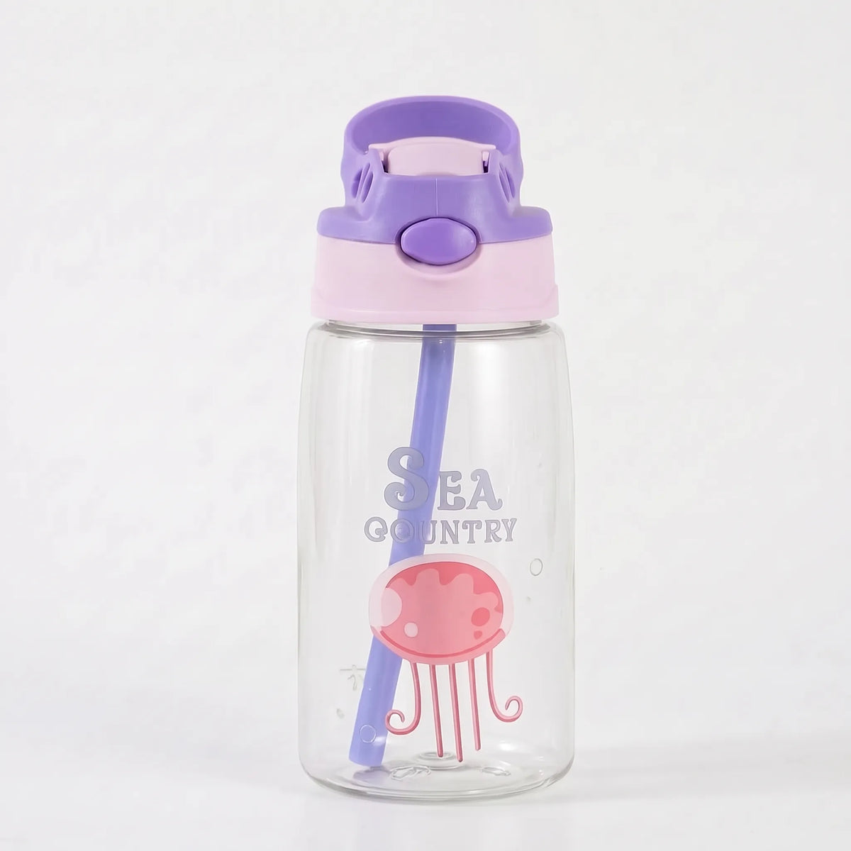 Transparente Kinder-Trinkflasche mit Cartoon-Aufdruck, Druckknopf und Strohhalm