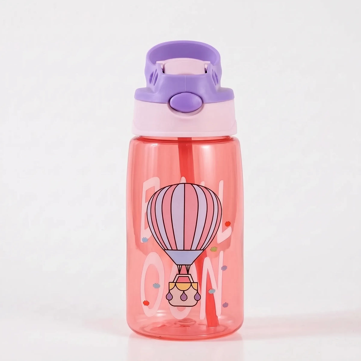 Transparente Kinder-Trinkflasche mit Cartoon-Aufdruck, Druckknopf und Strohhalm