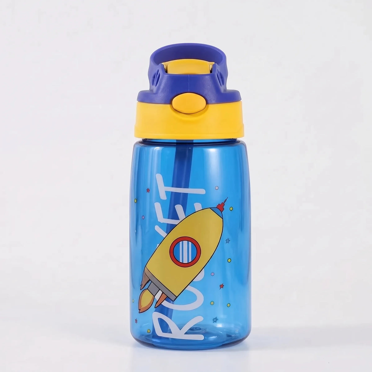 Transparente Kinder-Trinkflasche mit Cartoon-Aufdruck, Druckknopf und Strohhalm