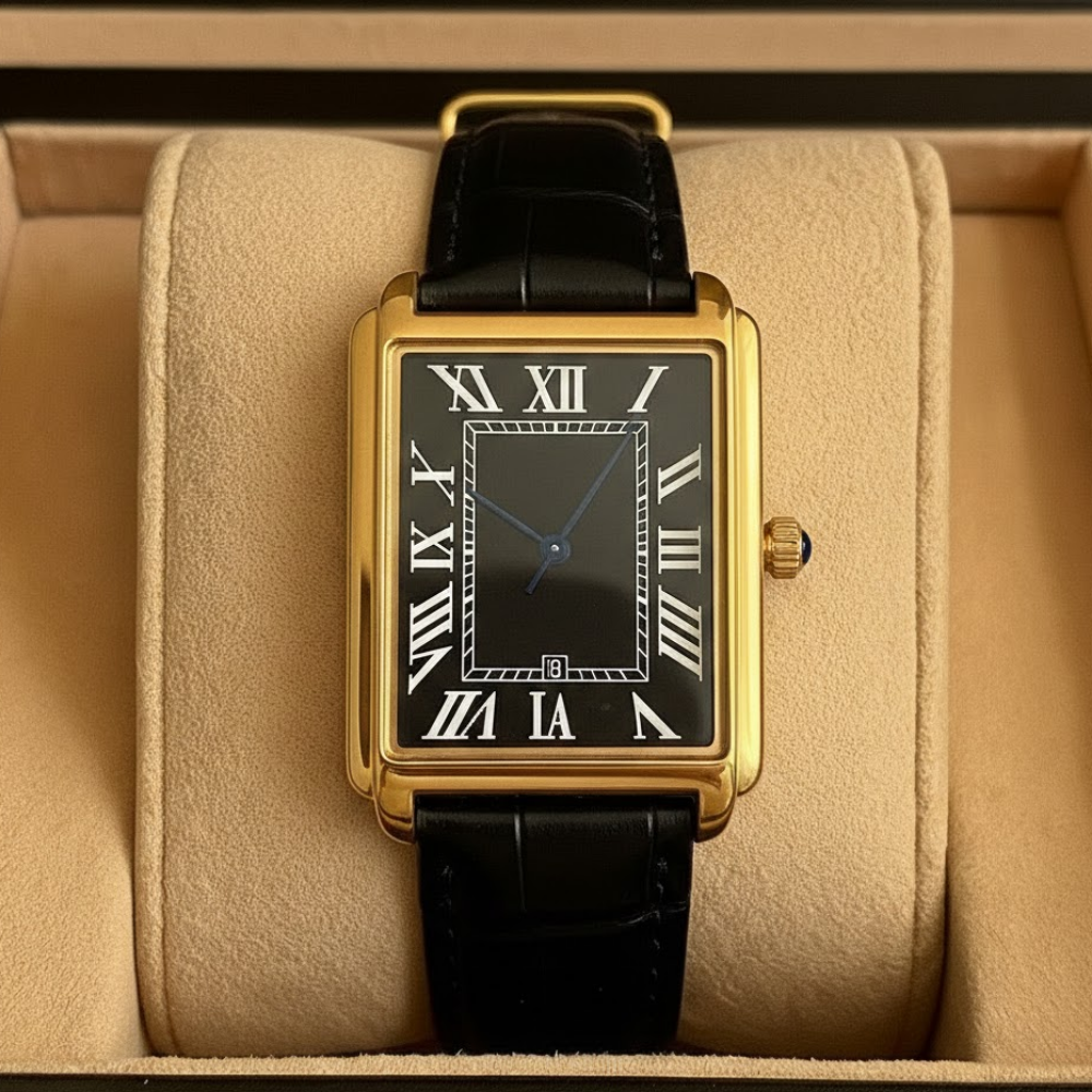 Analoge Dresswatch mit quadratischem Gehäuse und römischem Zifferblatt