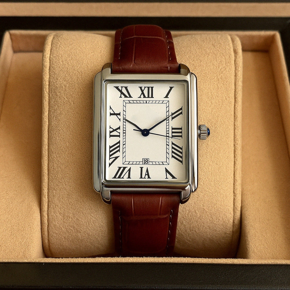 Analoge Dresswatch mit quadratischem Gehäuse und römischem Zifferblatt