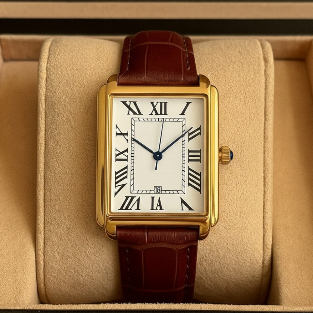 Analoge Dresswatch mit quadratischem Gehäuse und römischem Zifferblatt
