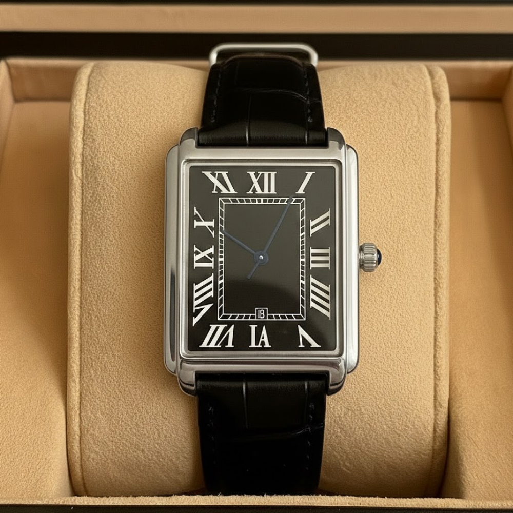 Analoge Dresswatch mit quadratischem Gehäuse und römischem Zifferblatt