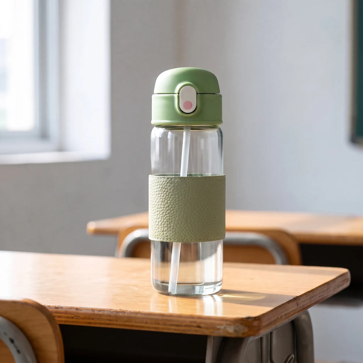 Glas-Trinkflasche mit strukturierter Grifffläche, Druckknopf und Strohhalm
