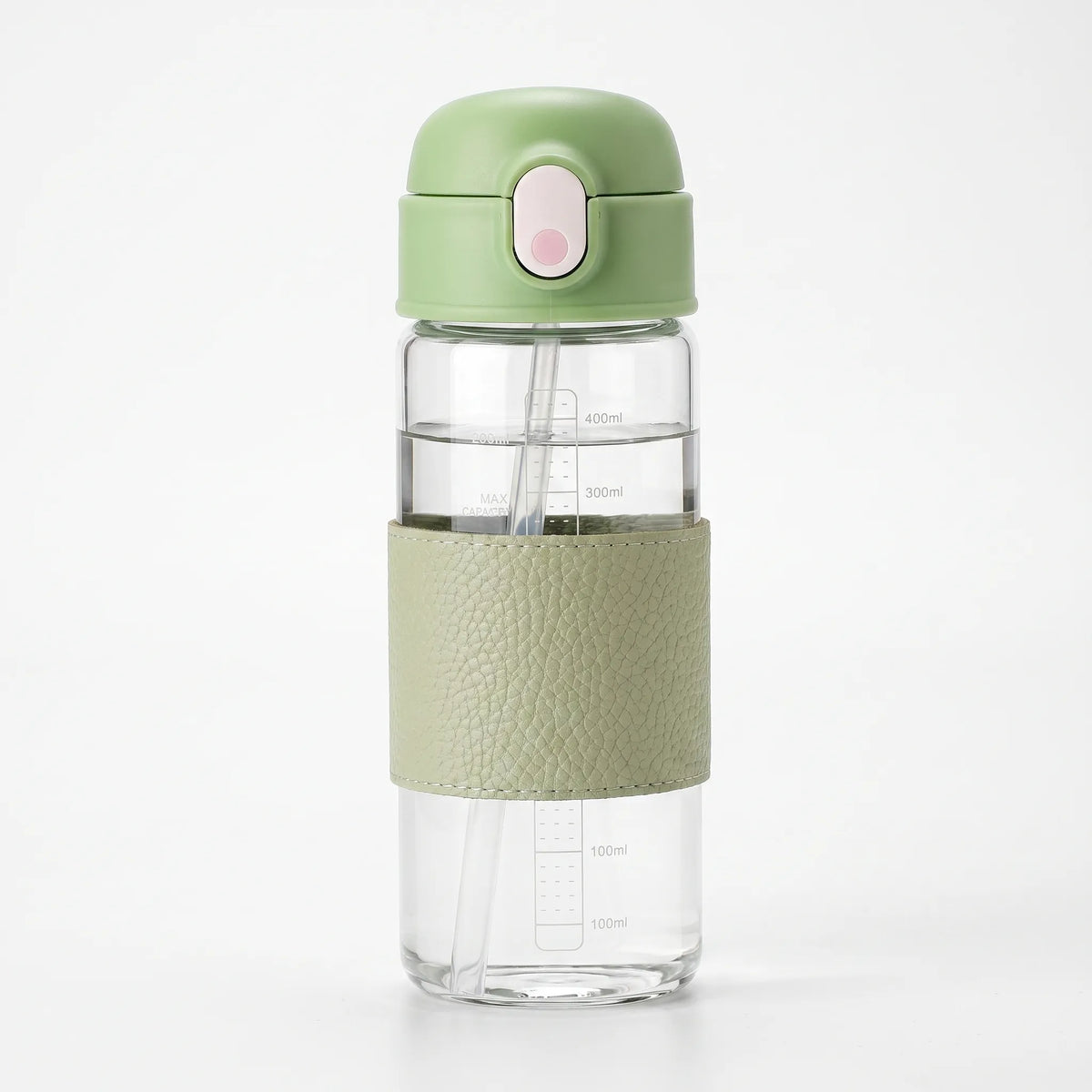 Glas-Trinkflasche mit strukturierter Grifffläche, Druckknopf und Strohhalm