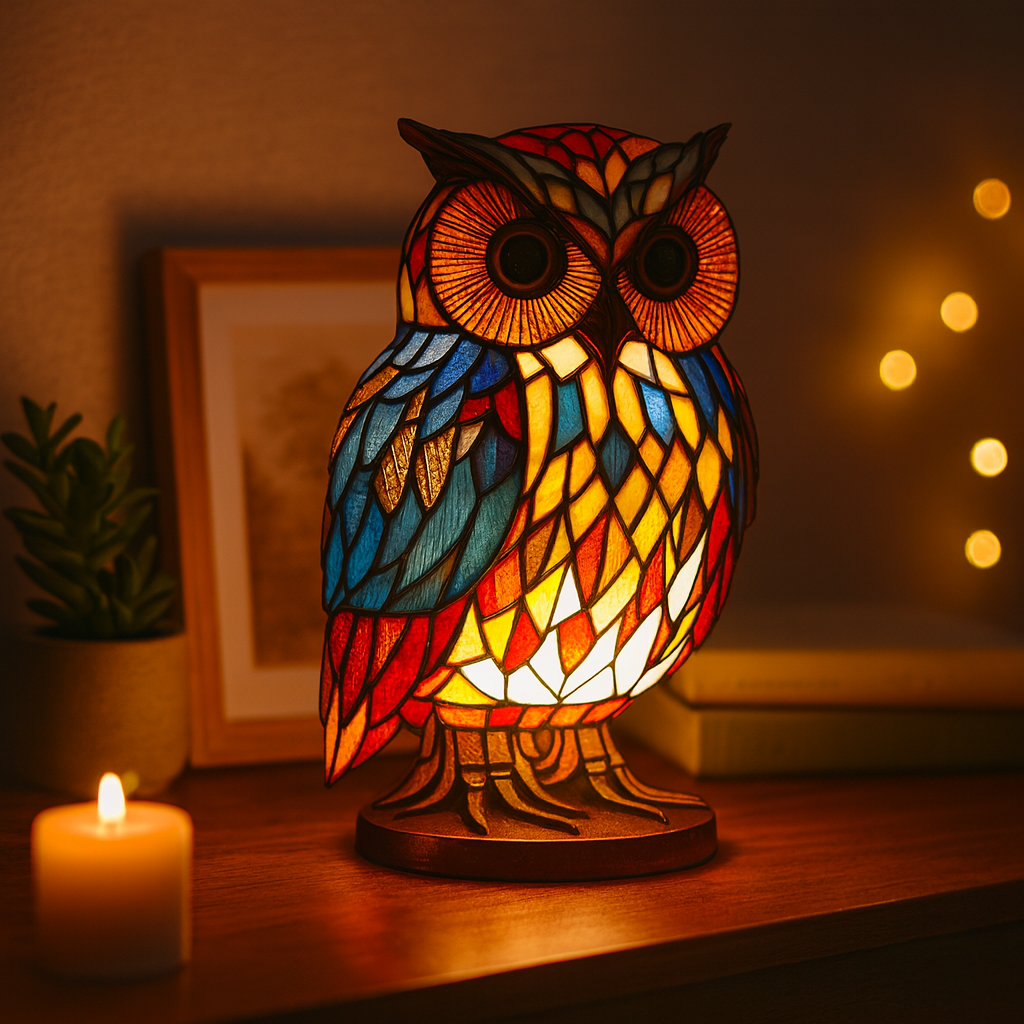 Tischlampe aus Harz mit Tiermotiv in Buntglas-Mosaikoptik