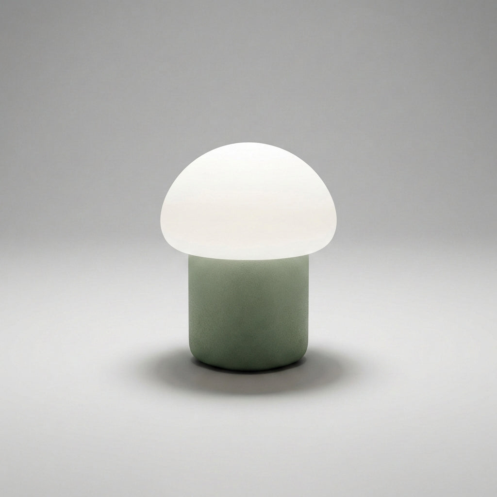 Minimalistische kompakte Tischlampe in Pilzform mit beschwertem Fuß