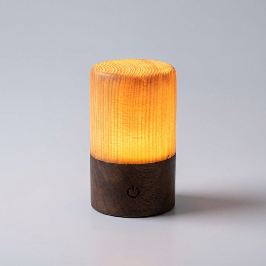 Kompakte zylindrische kabellose Tischlampe mit Holzmaserung, Akku, Touch-Steuerung und Dimmfunktion