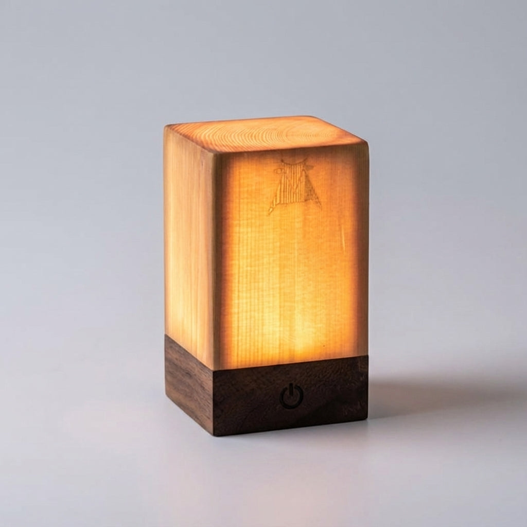 Kompakte zylindrische kabellose Tischlampe mit Holzmaserung, Akku, Touch-Steuerung und Dimmfunktion