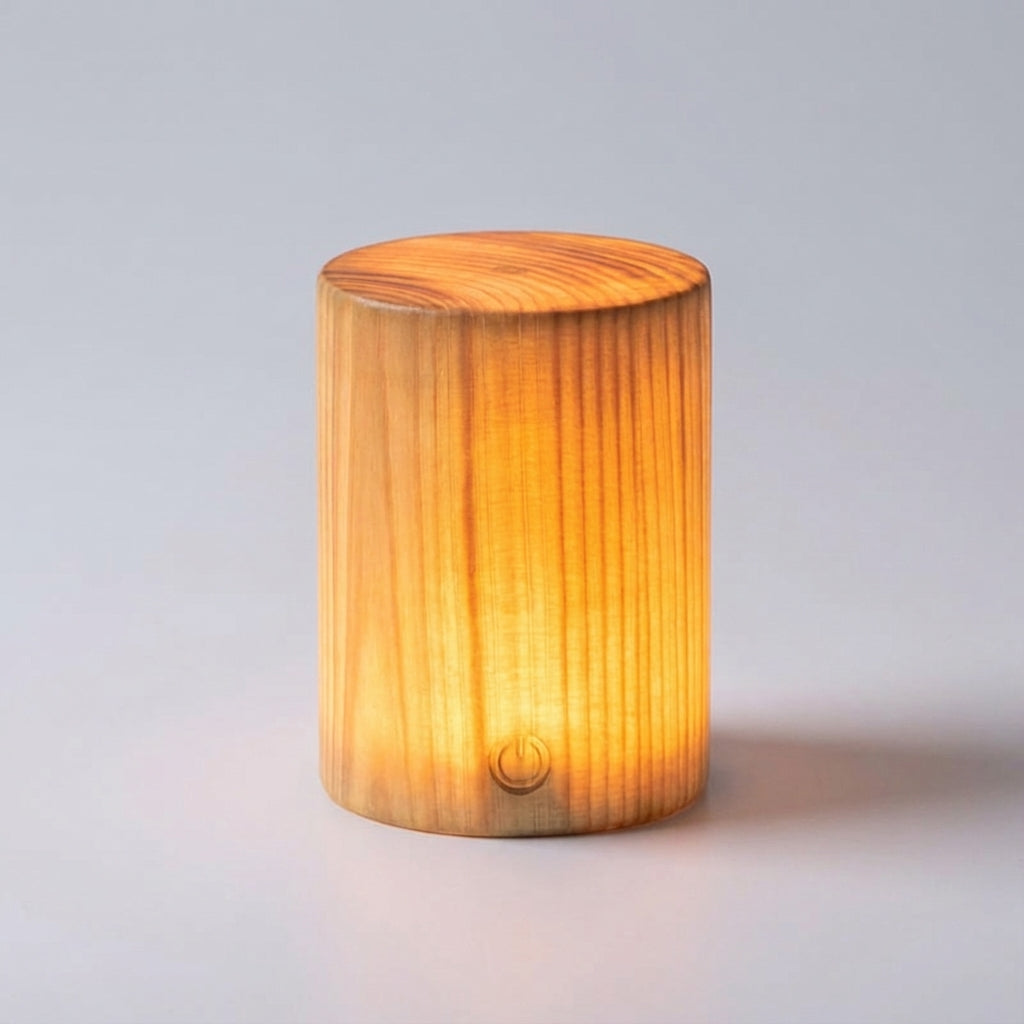 Kompakte zylindrische kabellose Tischlampe mit Holzmaserung, Akku, Touch-Steuerung und Dimmfunktion