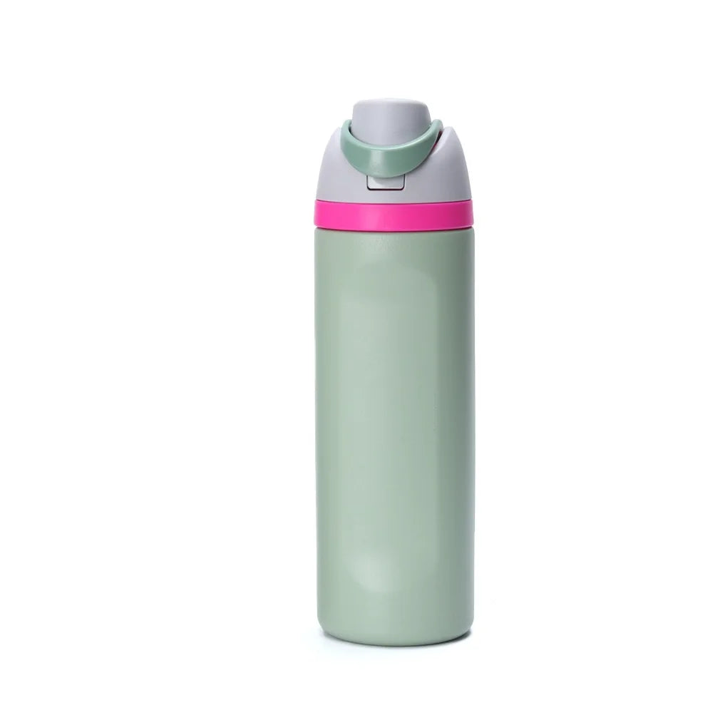 Zylindrische isolierte Wasserflasche aus Edelstahl mit Klappverschluss und zwei Ausgießöffnungen