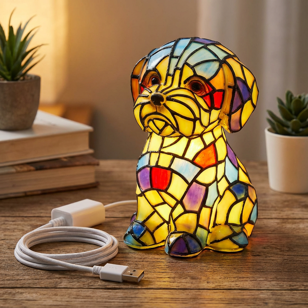 Moderne skulpturale Tischlampe mit Kunstharzfigur, stimmungsvoller Beleuchtung und Buntglas