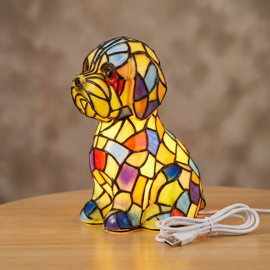Moderne skulpturale Tischlampe mit Kunstharzfigur, stimmungsvoller Beleuchtung und Buntglas