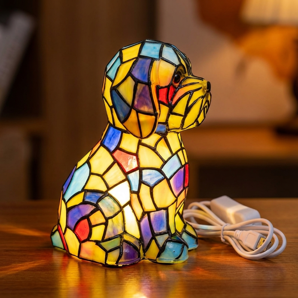 Moderne skulpturale Tischlampe mit Kunstharzfigur, stimmungsvoller Beleuchtung und Buntglas