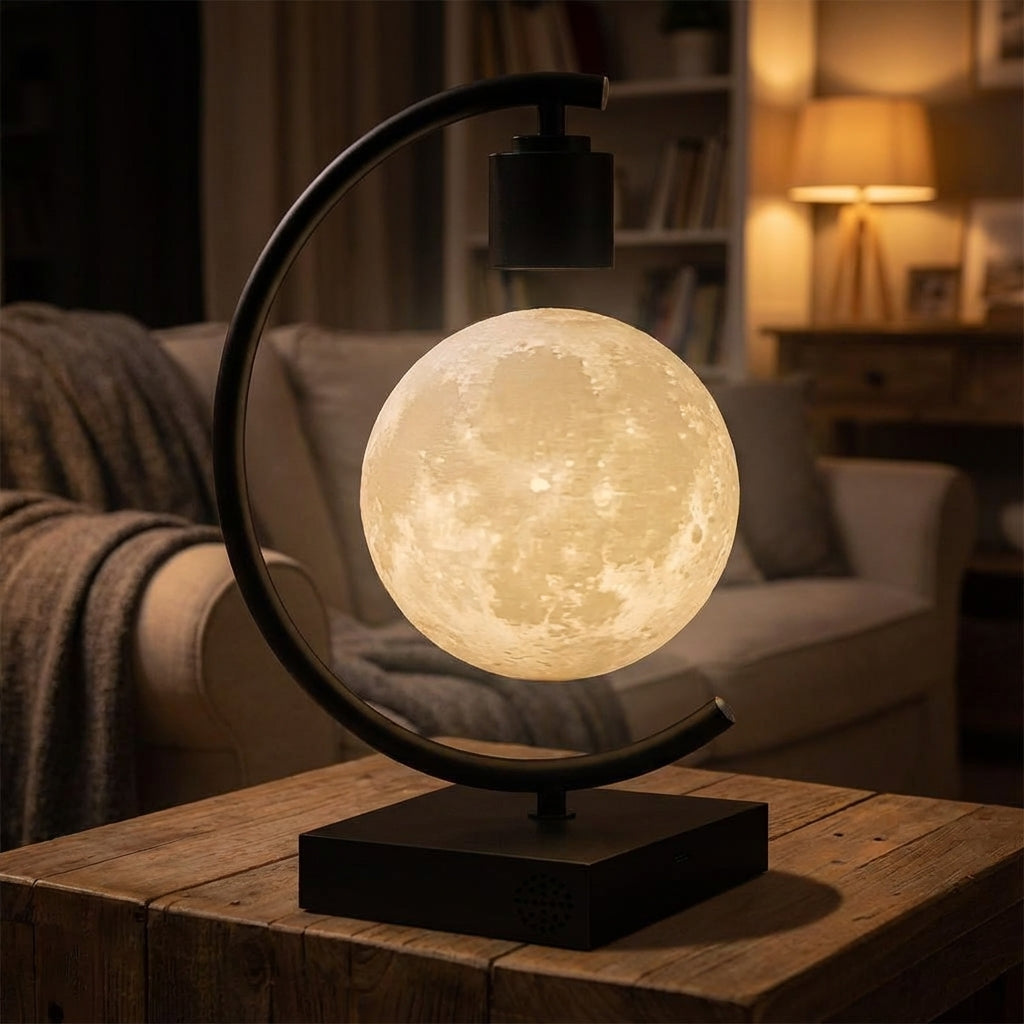 Realistisch strukturierte Nachttischlampe in Form eines schwebenden Mondes mit magnetischer Levitation
