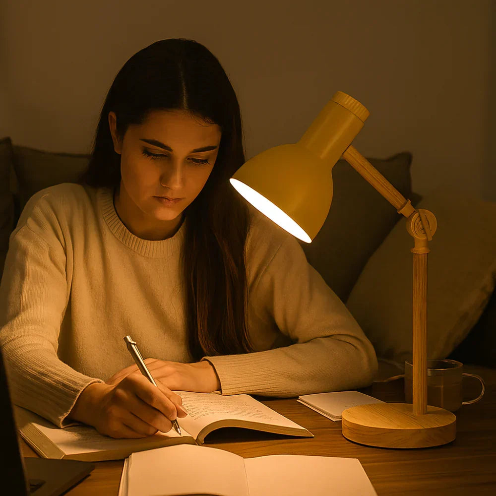 Nordische Tischlampe für den Schreibtisch mit Holzbasis und verstellbarem Arm