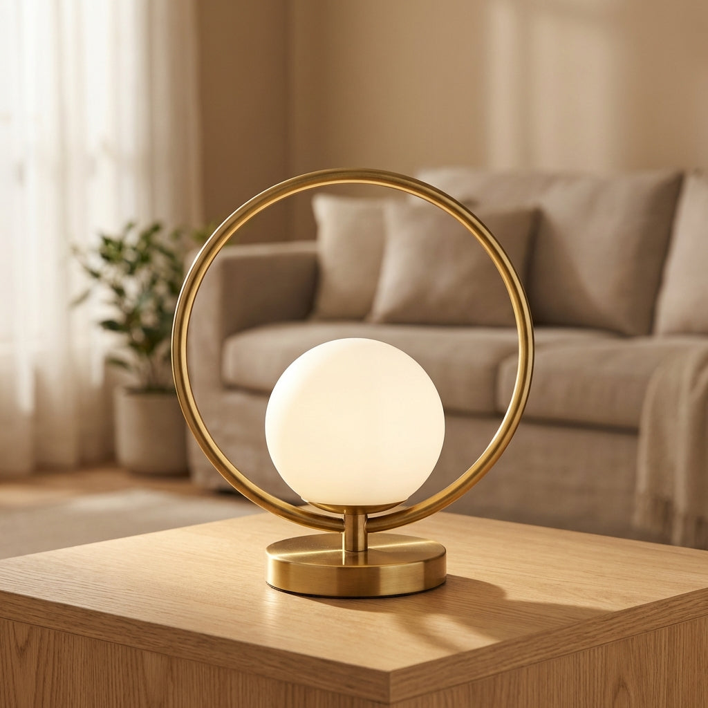 Skulpturale dimmbare Tischlampe mit Ring-Silhouette und hängender Glaskugel