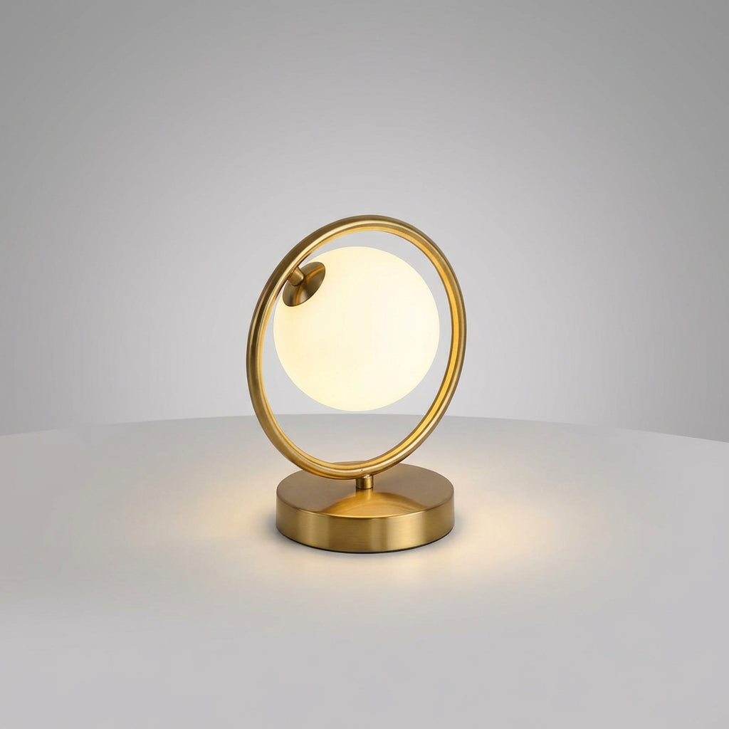 Skulpturale dimmbare Tischlampe mit Ring-Silhouette und hängender Glaskugel