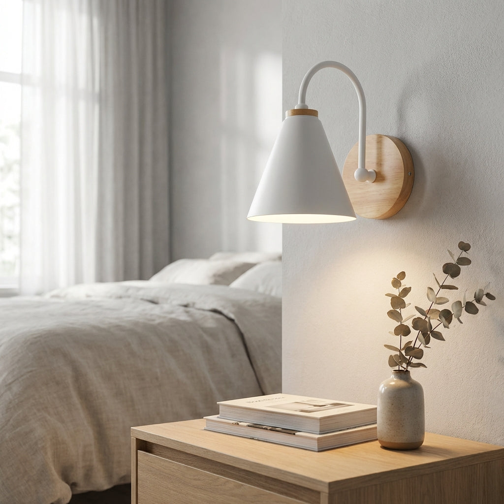 Minimalistische Wandleuchte mit nach unten gerichtetem Kegelschirm und Holzakzent
