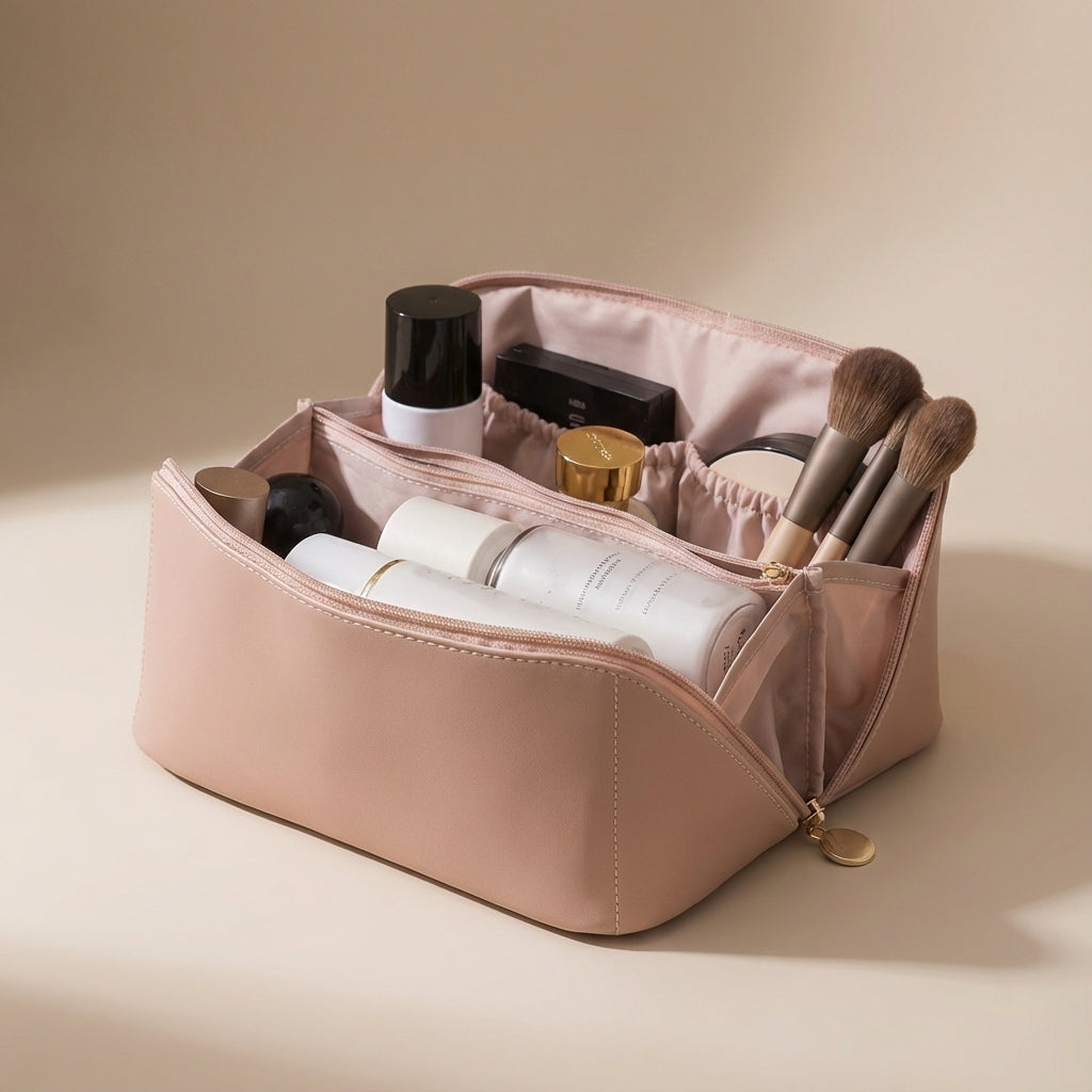 Reise-Make-up-Organizer aus Kunstleder mit Fächern und großer Öffnung