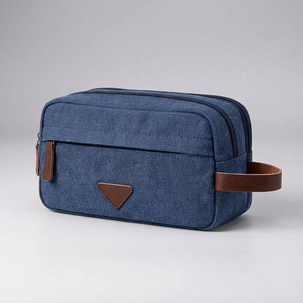 Wasserdichte Kulturbeuteltasche aus Canvas mit zwei Fächern und Kunstledergriff