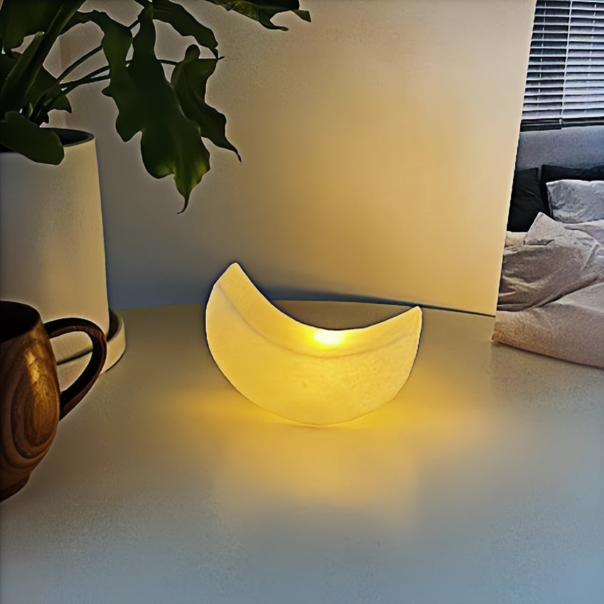 Tischlampe mit Art-déco-Mondsichel-Silhouette, kabellosem Design und mattem Lampenschirm