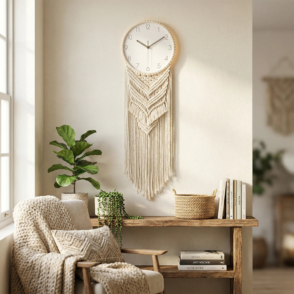 Handgewebte runde Analog-Wanduhr im Boho-Stil mit geknoteten Fransen