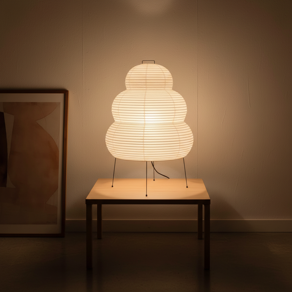 Von japanischen Laternen inspirierte Tischlampe aus Maulbeerpapier und Metall
