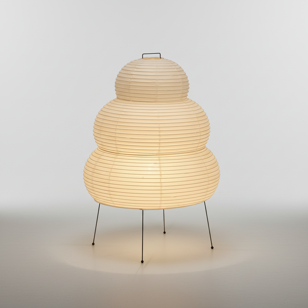Von japanischen Laternen inspirierte Tischlampe aus Maulbeerpapier und Metall