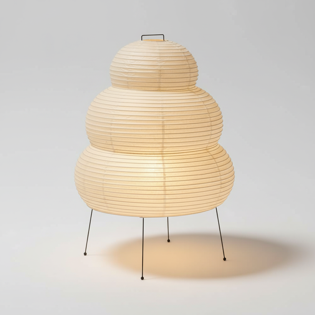 Von japanischen Laternen inspirierte Tischlampe aus Maulbeerpapier und Metall