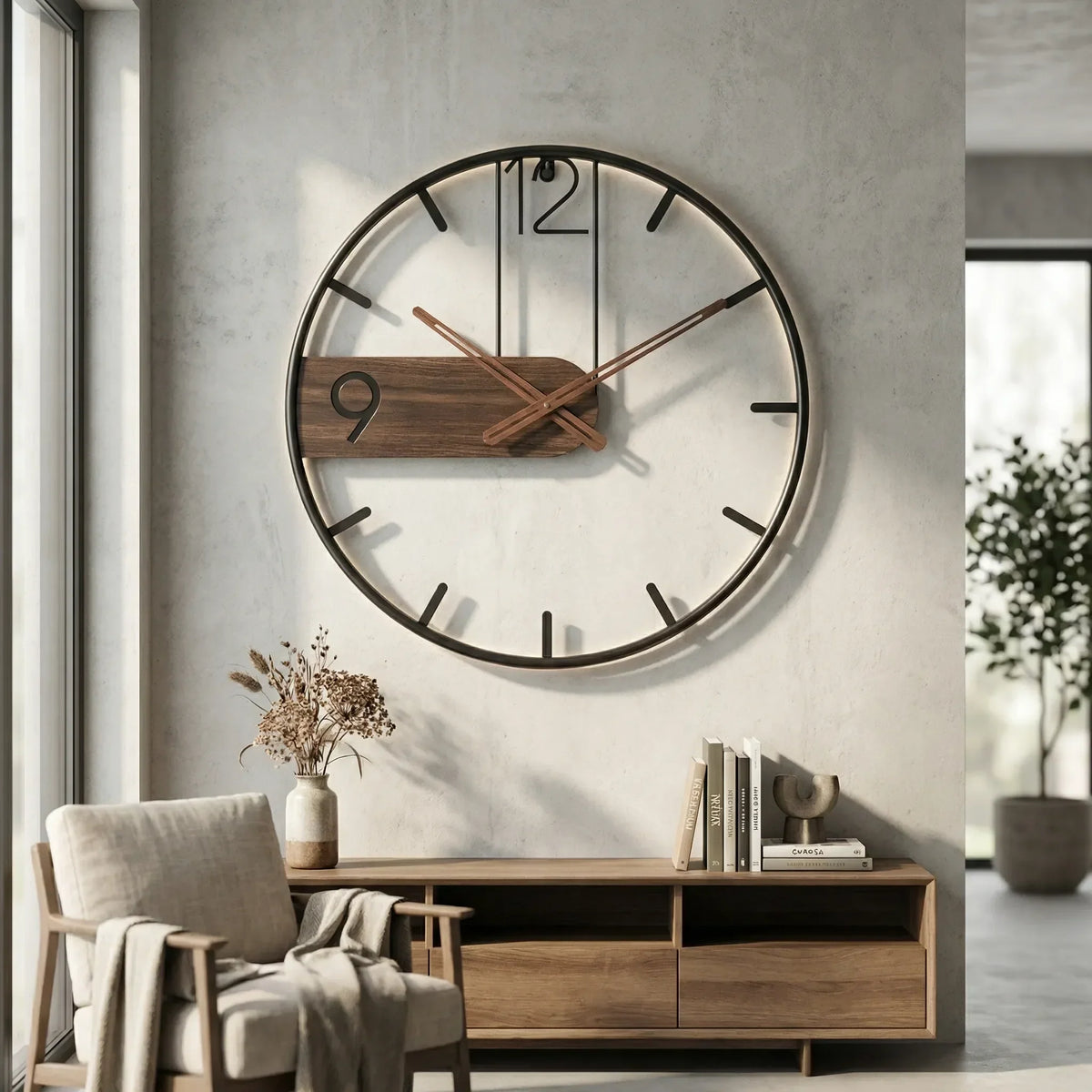 Industrielle leise Quarzwanduhr mit offenem Rahmen und Holzdetail