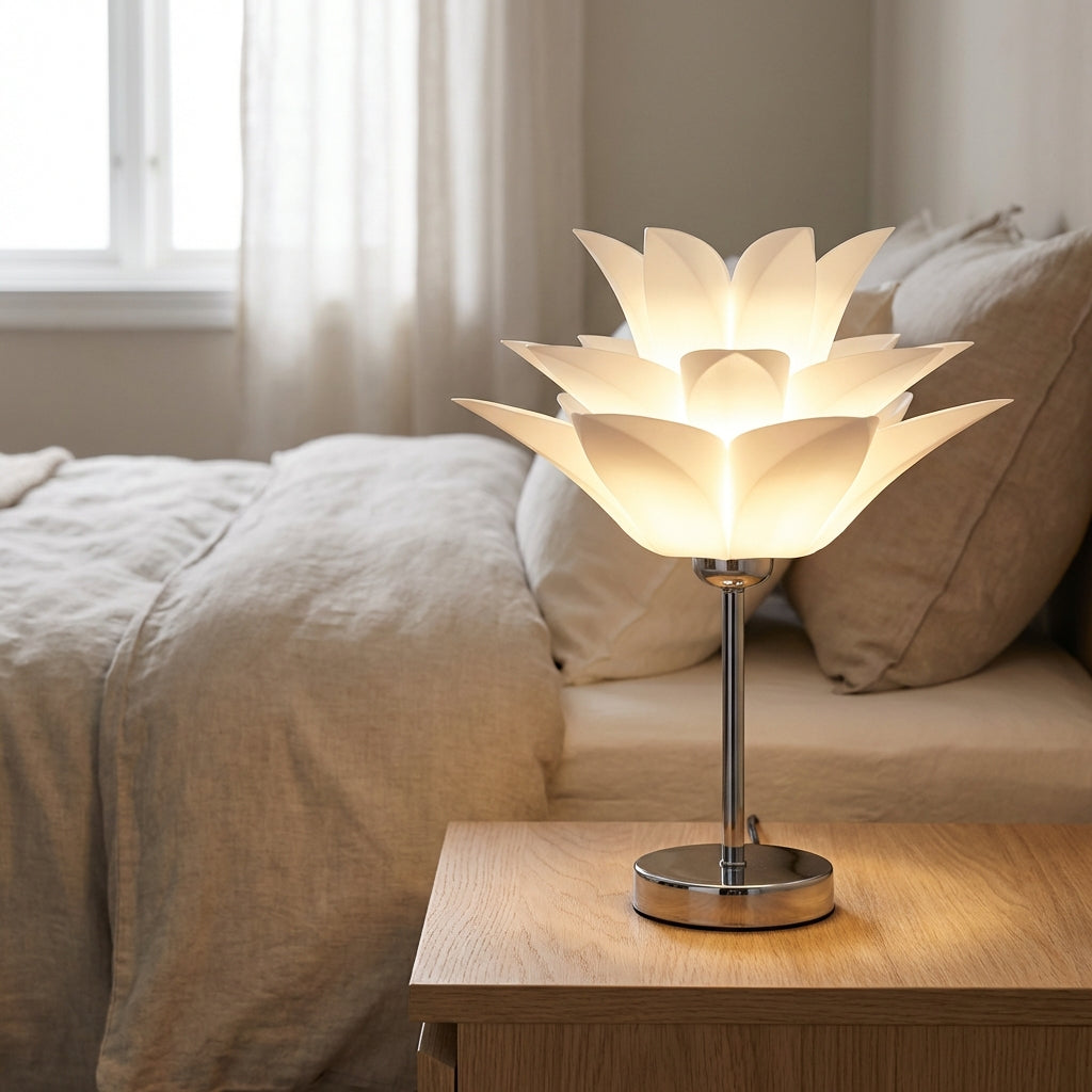 Schlanke Tischlampe mit von Blütenblättern inspirierter Lotus-Silhouette