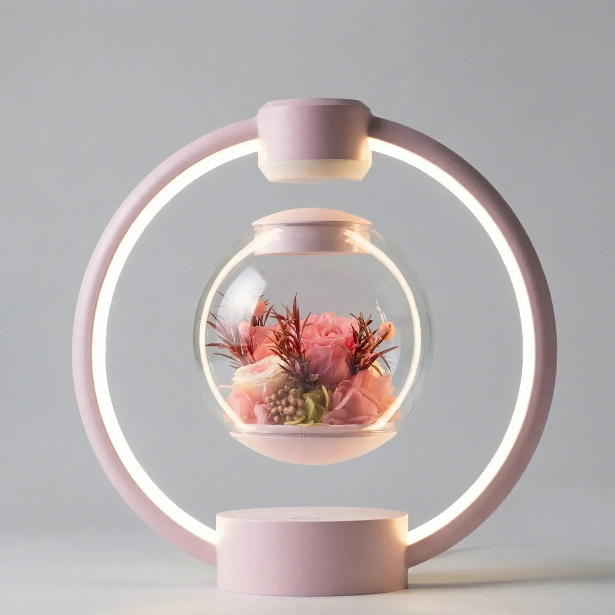 Schwebende Tischlampe mit Kugel, Magnetschwebetechnik, konservierten Blumen und Touch-Schalter