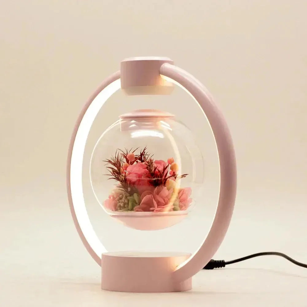 Schwebende Tischlampe mit Kugel, Magnetschwebetechnik, konservierten Blumen und Touch-Schalter