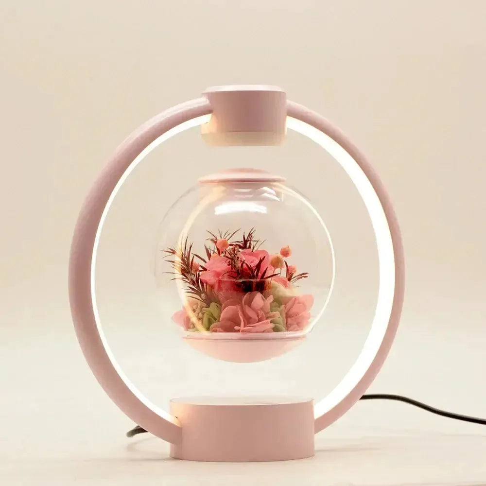 Schwebende Tischlampe mit Kugel, Magnetschwebetechnik, konservierten Blumen und Touch-Schalter