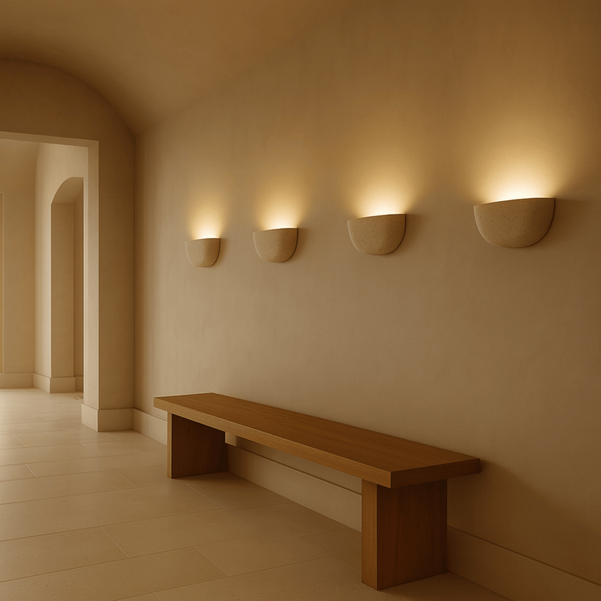 Minimalistische Wandleuchte in halbrunder Schalenform mit strukturierter Putzoberfläche
