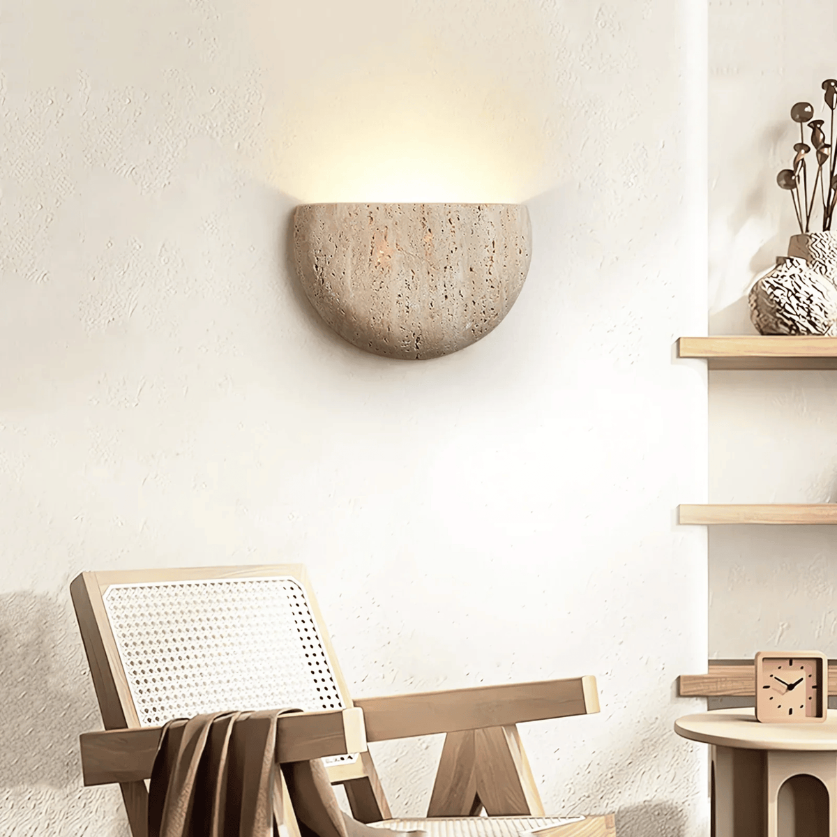 Minimalistische Wandleuchte in halbrunder Schalenform mit strukturierter Putzoberfläche