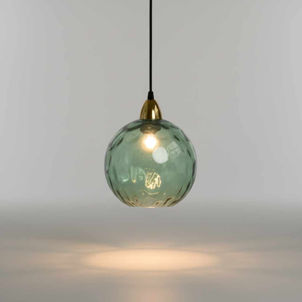 Minimalistische kugelförmige Pendelleuchte aus Glas und Schmiedeeisen
