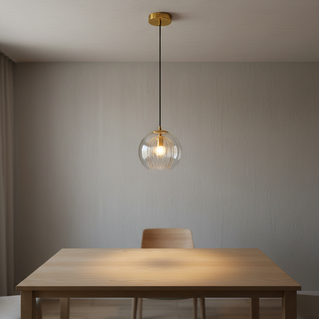 Höhenverstellbare Pendelleuchte mit kugelförmigem Glasschirm und Metall