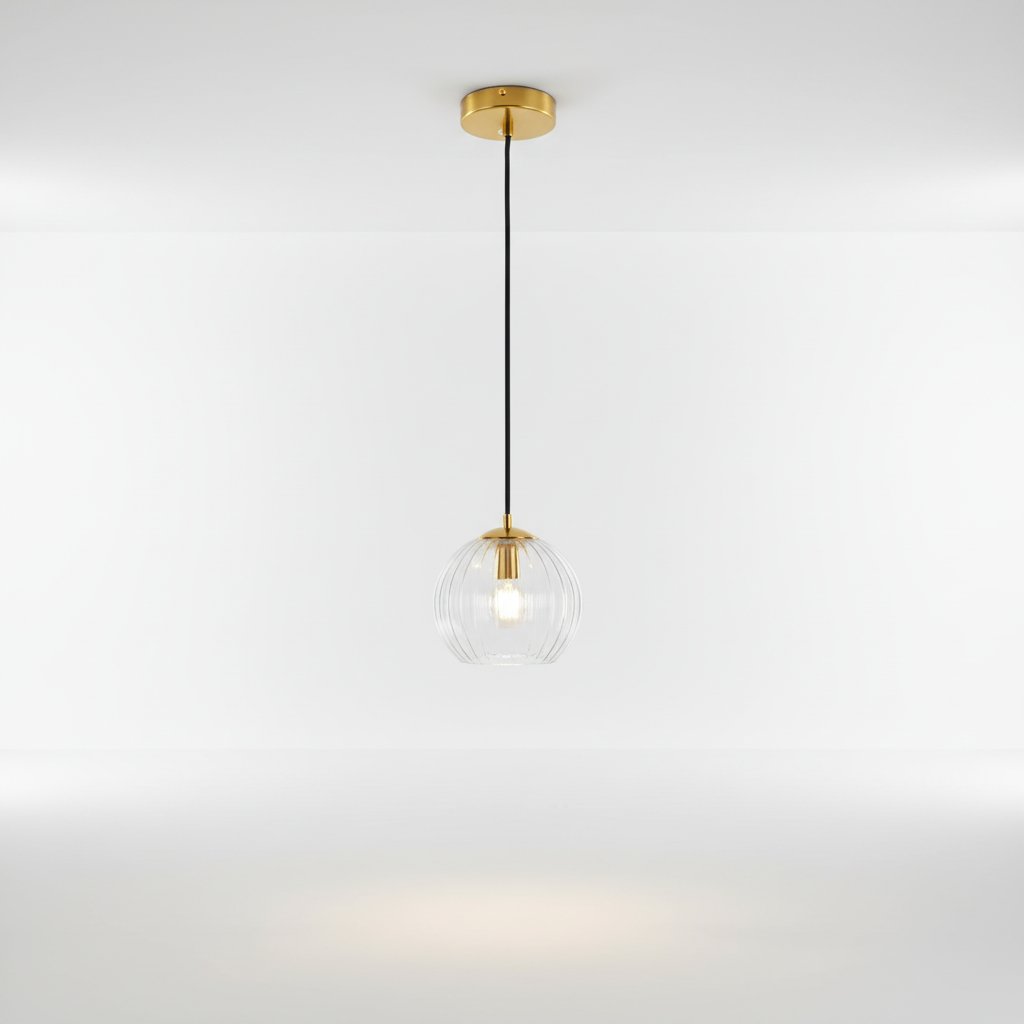 Höhenverstellbare Pendelleuchte mit kugelförmigem Glasschirm und Metall