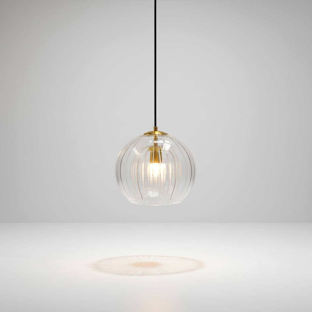 Höhenverstellbare Pendelleuchte mit kugelförmigem Glasschirm und Metall