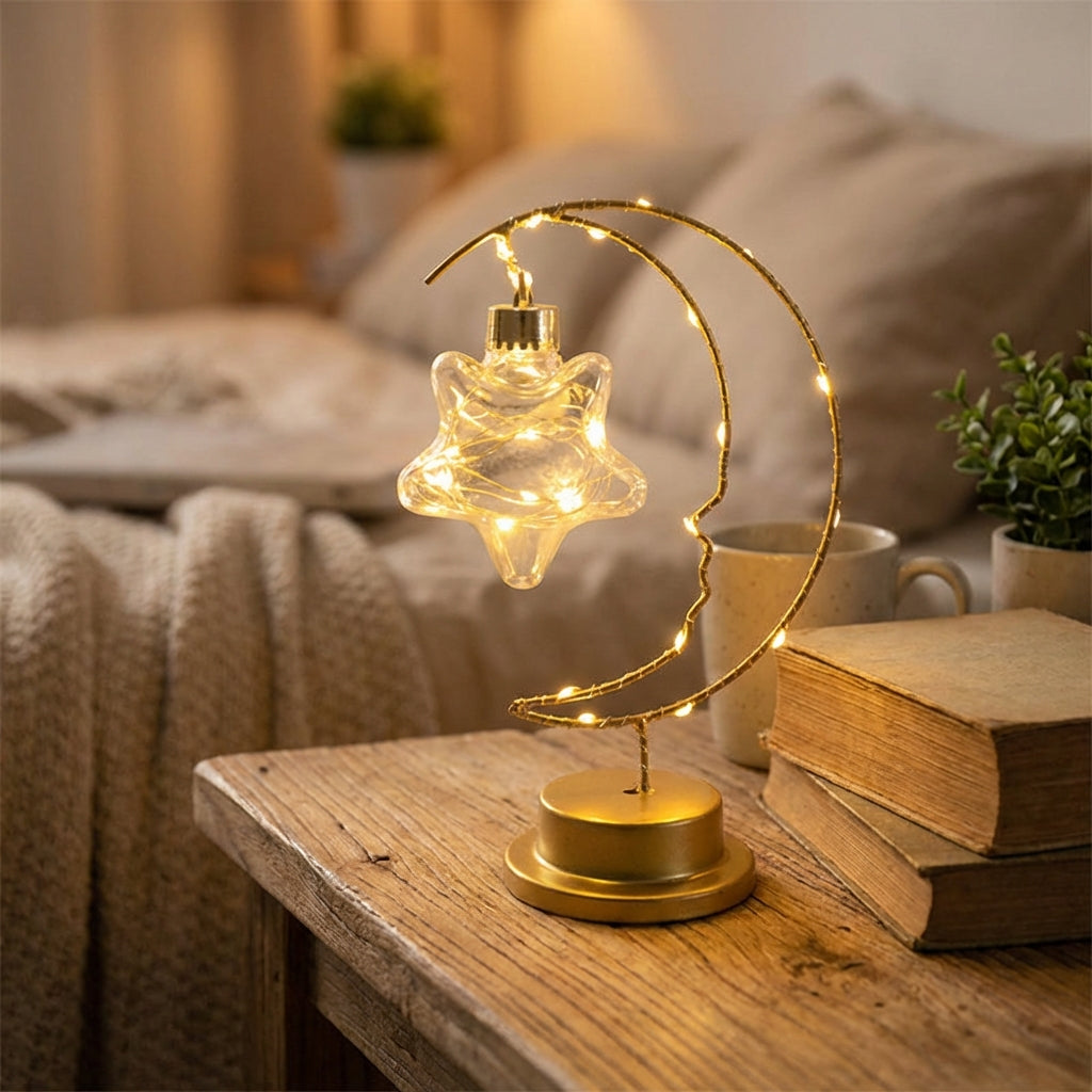 Dimm­bare Hängetischlampe mit geschwungener Mondsilhouette und gläsernem Stern