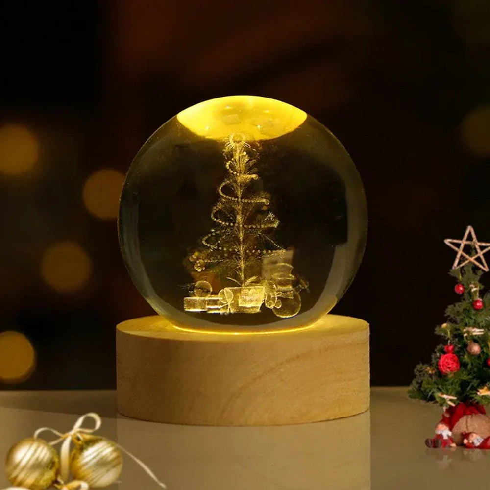 Nachtlicht und Tischlampe mit gravierter Kristallkugel in Planetenform