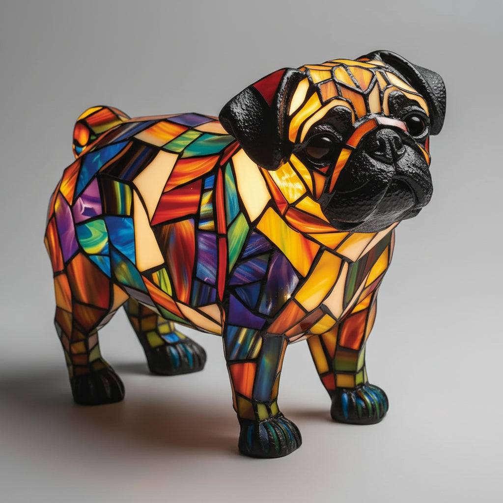 Nachtlicht und Tischlampe mit Hundefigur aus Buntglas und Kunstharz
