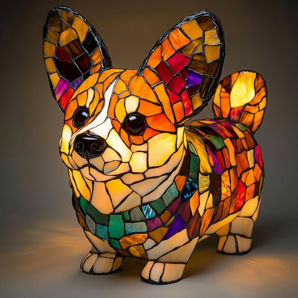 Nachtlicht und Tischlampe mit Hundefigur aus Buntglas und Kunstharz