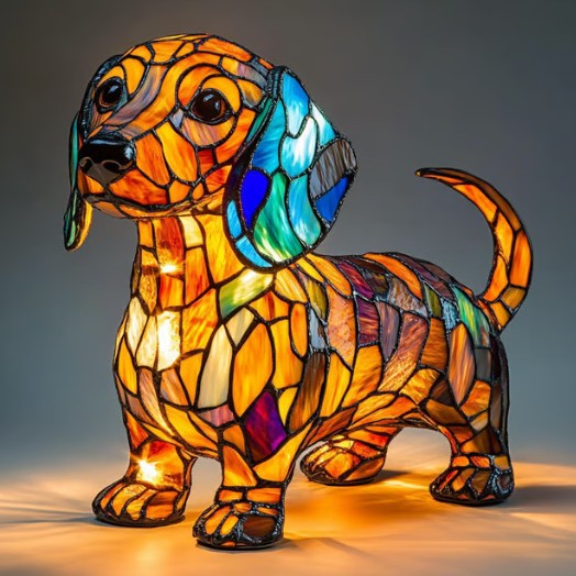 Akzent-Tischlampe mit skulpturaler Hundefigur aus Kunstharz und Buntglas