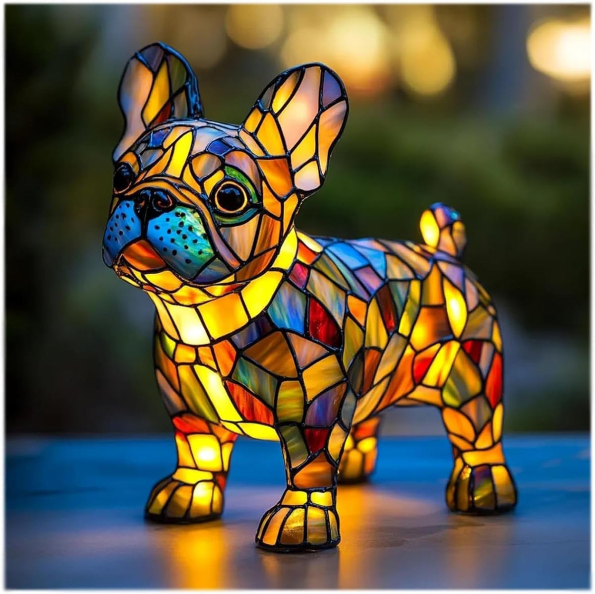 Akzent-Tischlampe mit skulpturaler Hundefigur aus Kunstharz und Buntglas
