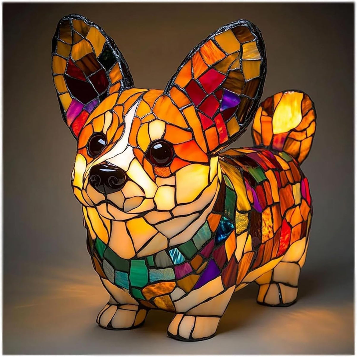 Akzent-Tischlampe mit skulpturaler Hundefigur aus Kunstharz und Buntglas