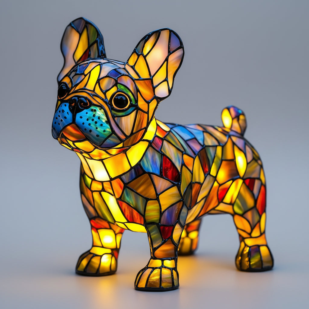 Nachtlicht und Tischlampe mit Hundefigur aus Buntglas und Kunstharz