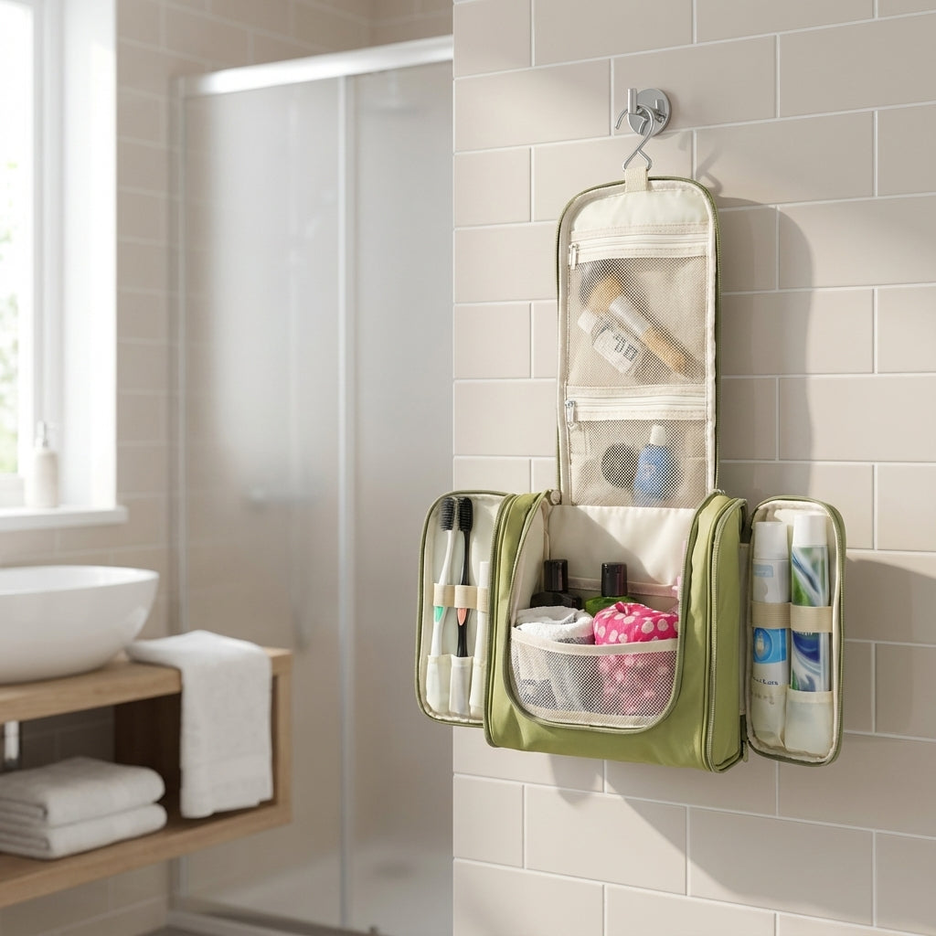 Faltbare, wasserabweisende Kulturbeuteltasche mit mehreren Fächern und Aufhängehaken